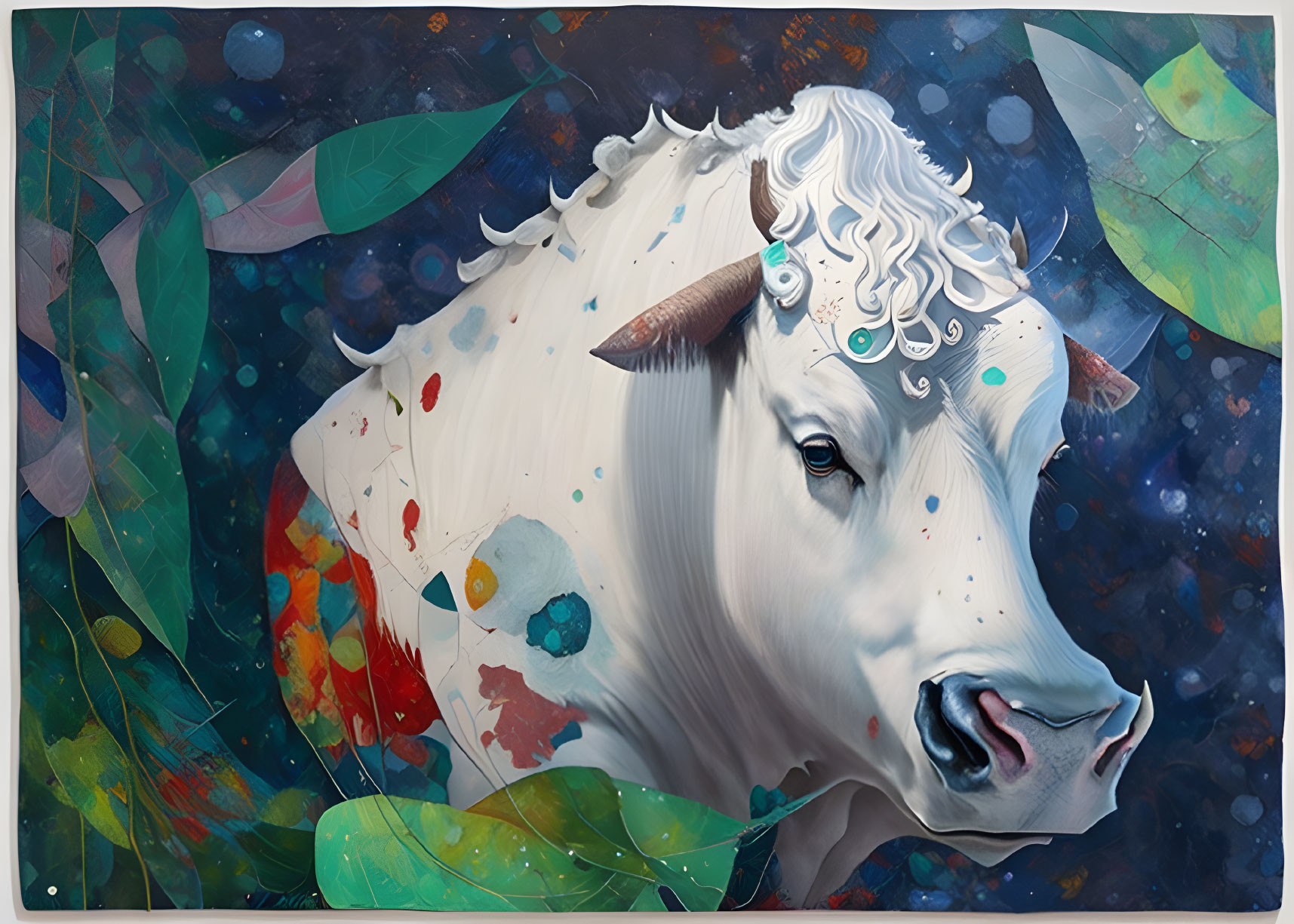 Digital artwork: White bull with paint splashes and leaves for surreal vibe