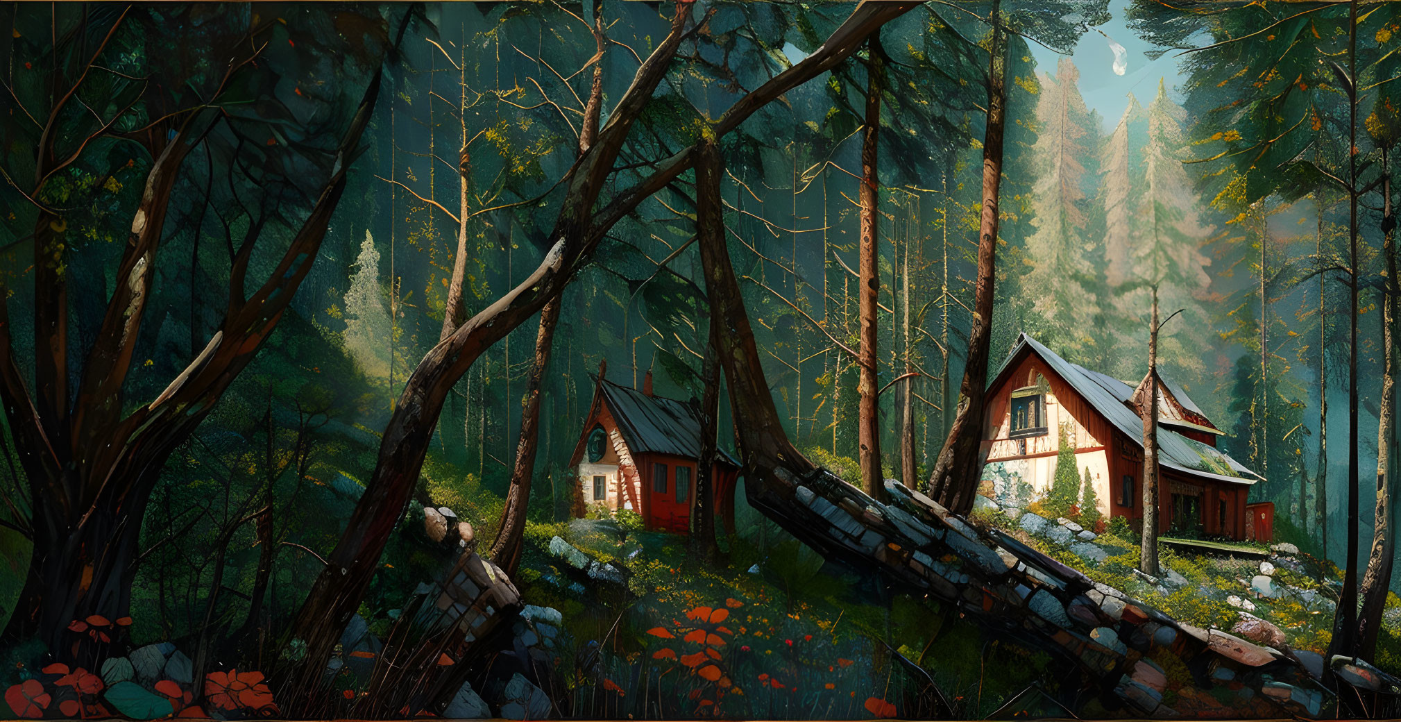 Tranquil woodland scene with cozy cottage and lush trees