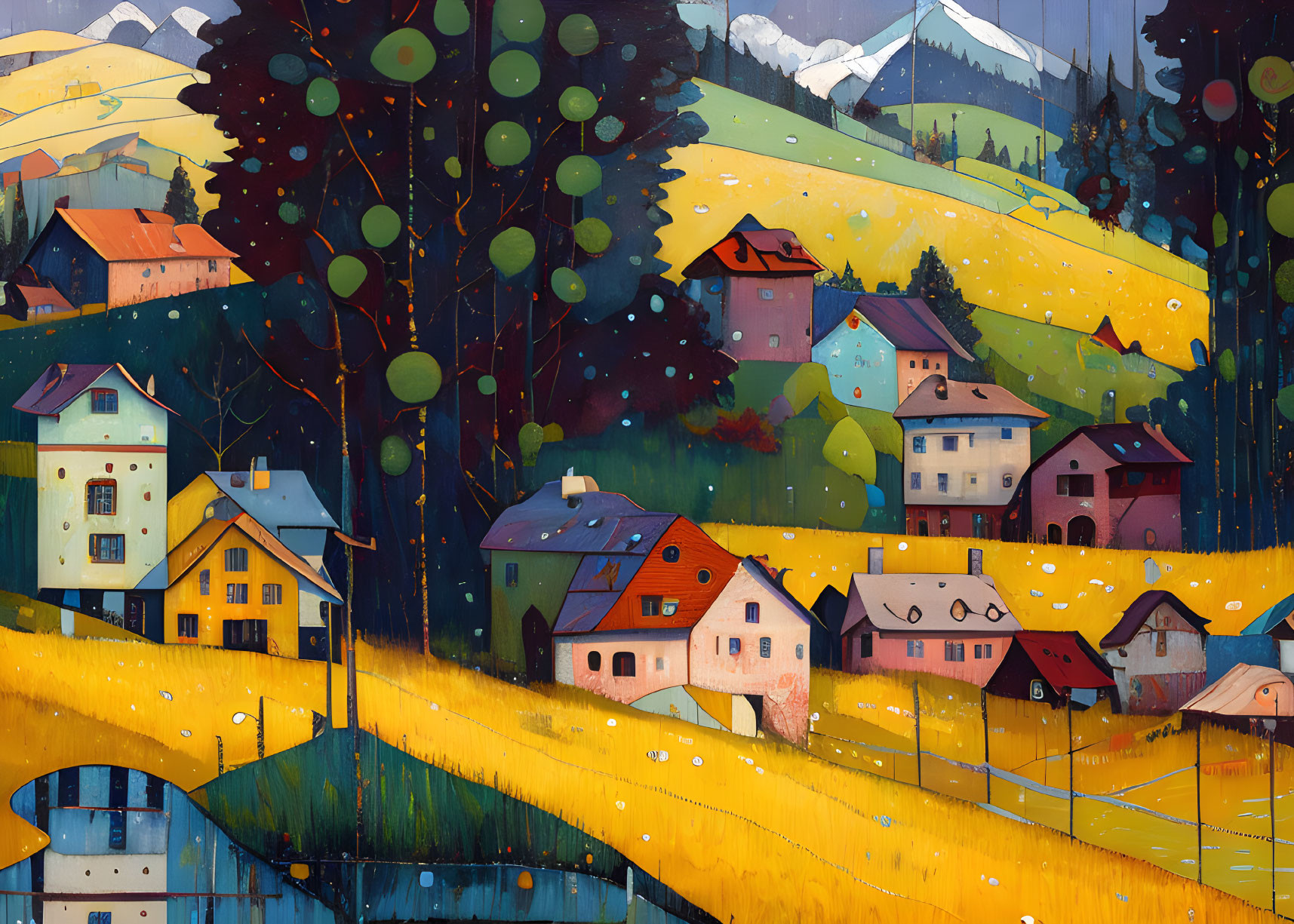 Vibrant village illustration with whimsical houses and scenic backdrop