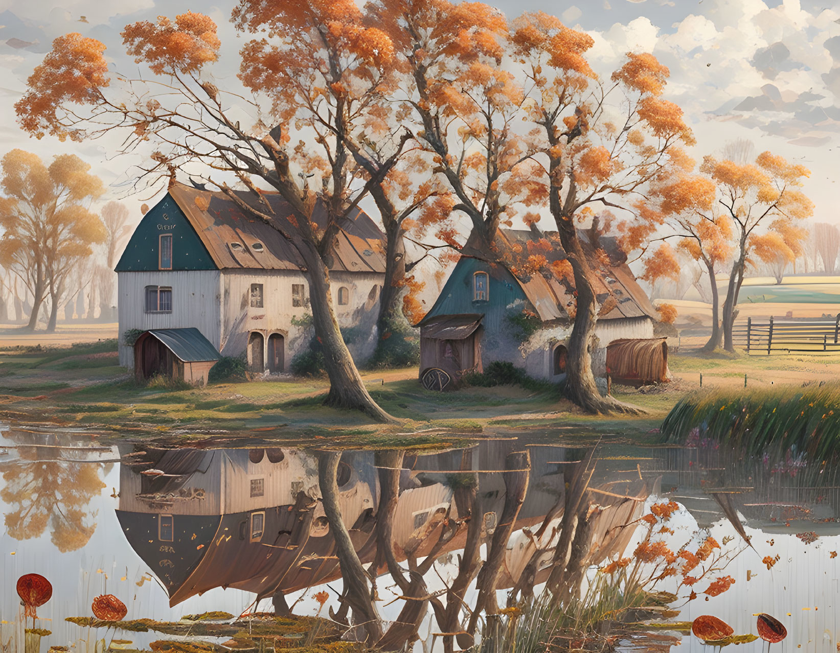 Tranquil autumn farmhouse and barn reflected in pond