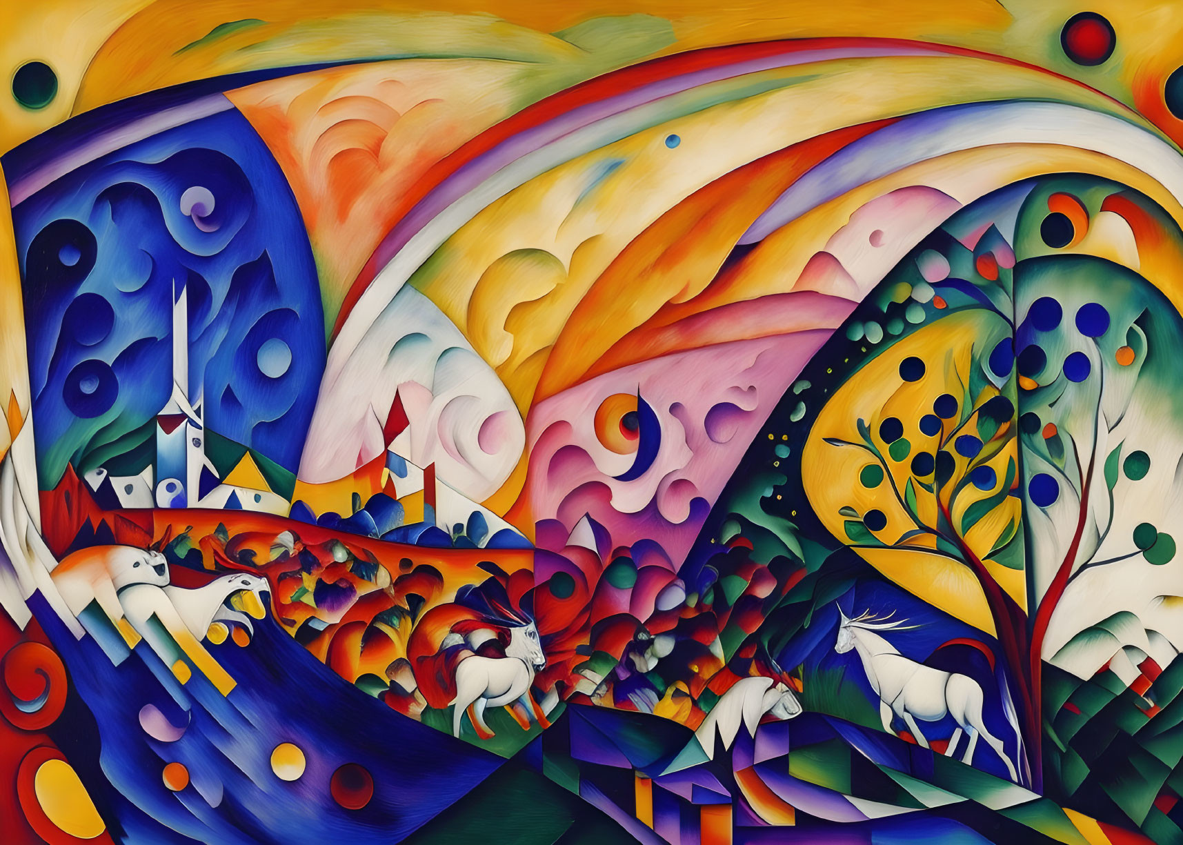 Colorful Abstract Painting with Stylized Animals and Whimsical Landscape