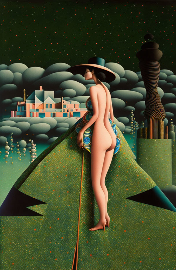 Illustration of figure in hat and swimsuit on green hill with surreal industrial backdrop