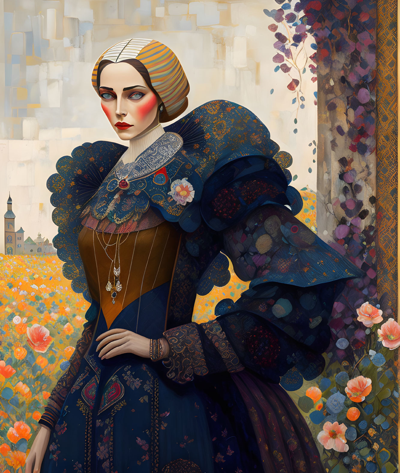 Digital art portrait of woman in historical clothing with floral motif in garden setting