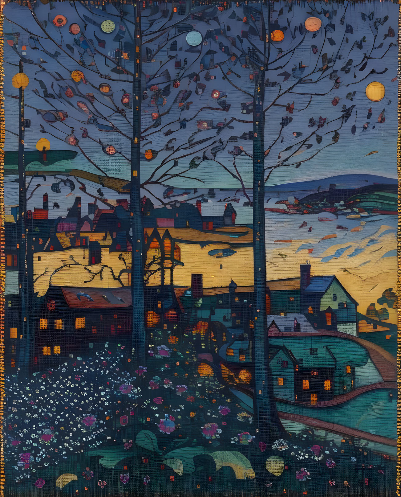 Vibrant village scene with floating lanterns and circular leaf trees