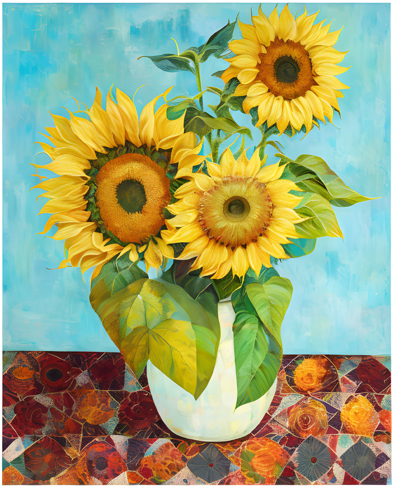 Colorful Sunflower Bouquet Painting on Blue Background with Patchwork Tablecloth