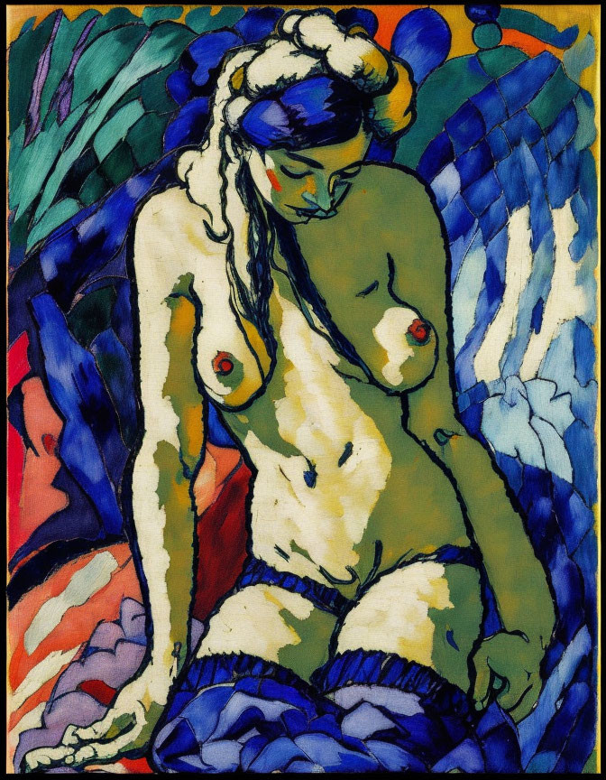 Vibrant expressionist painting of seated nude figure