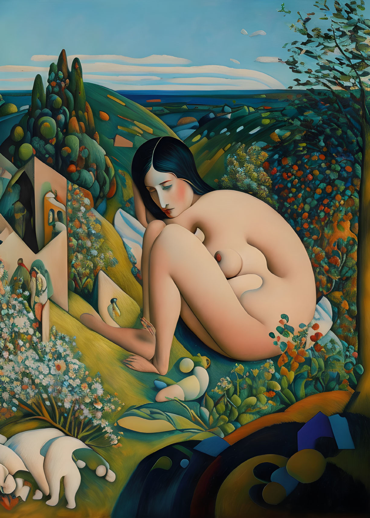 Surreal nude woman reclining in colorful landscape