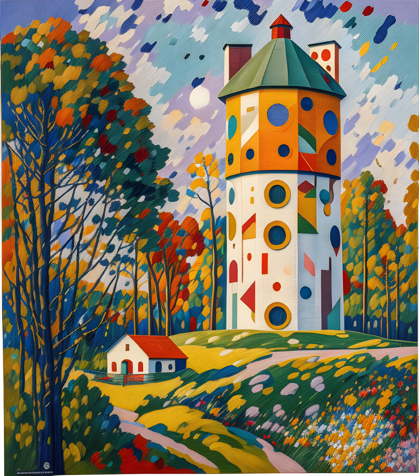 Colorful Tower Painting with Trees, House, and Field in a Whimsical Landscape