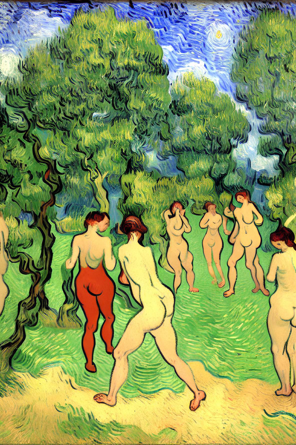 Colorful painting of nude figures in grassy landscape with swirling skies and green trees