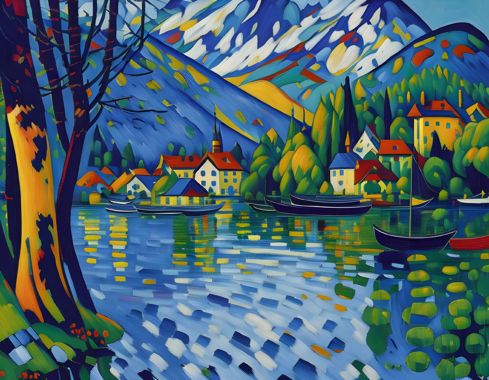 Colorful lakeside village painting with boats, houses, hills, and mountains