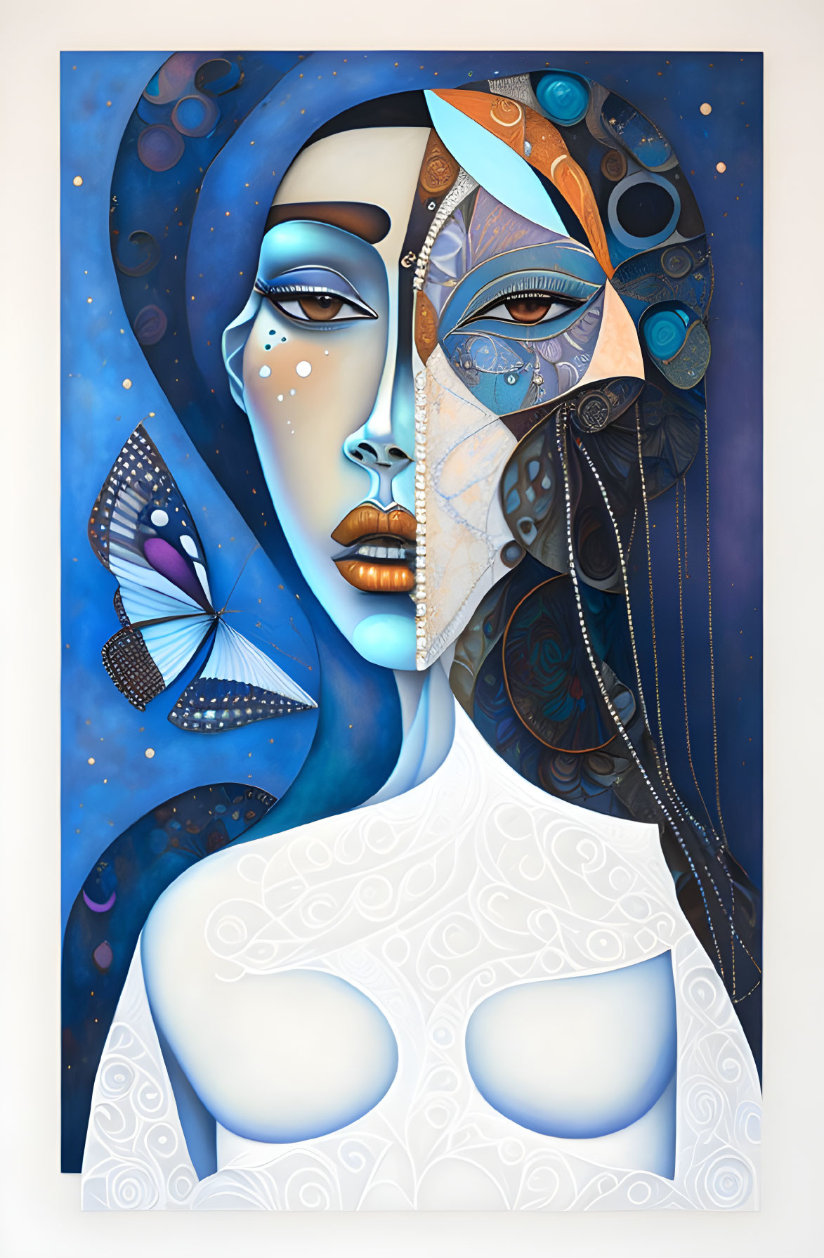 Surrealist painting of woman with split face in blues and earthy tones, with butterfly.