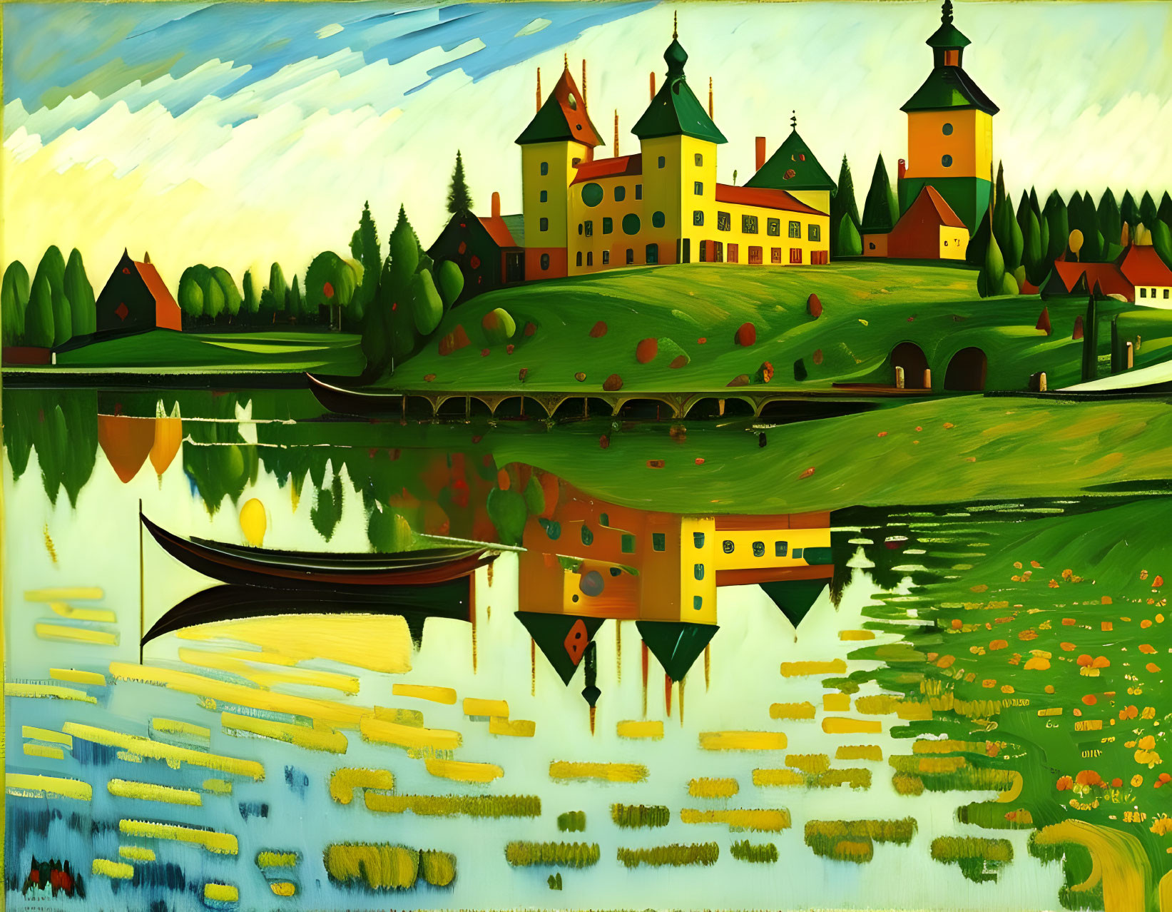 Vibrant castle reflection in water with rowboat and colorful flora