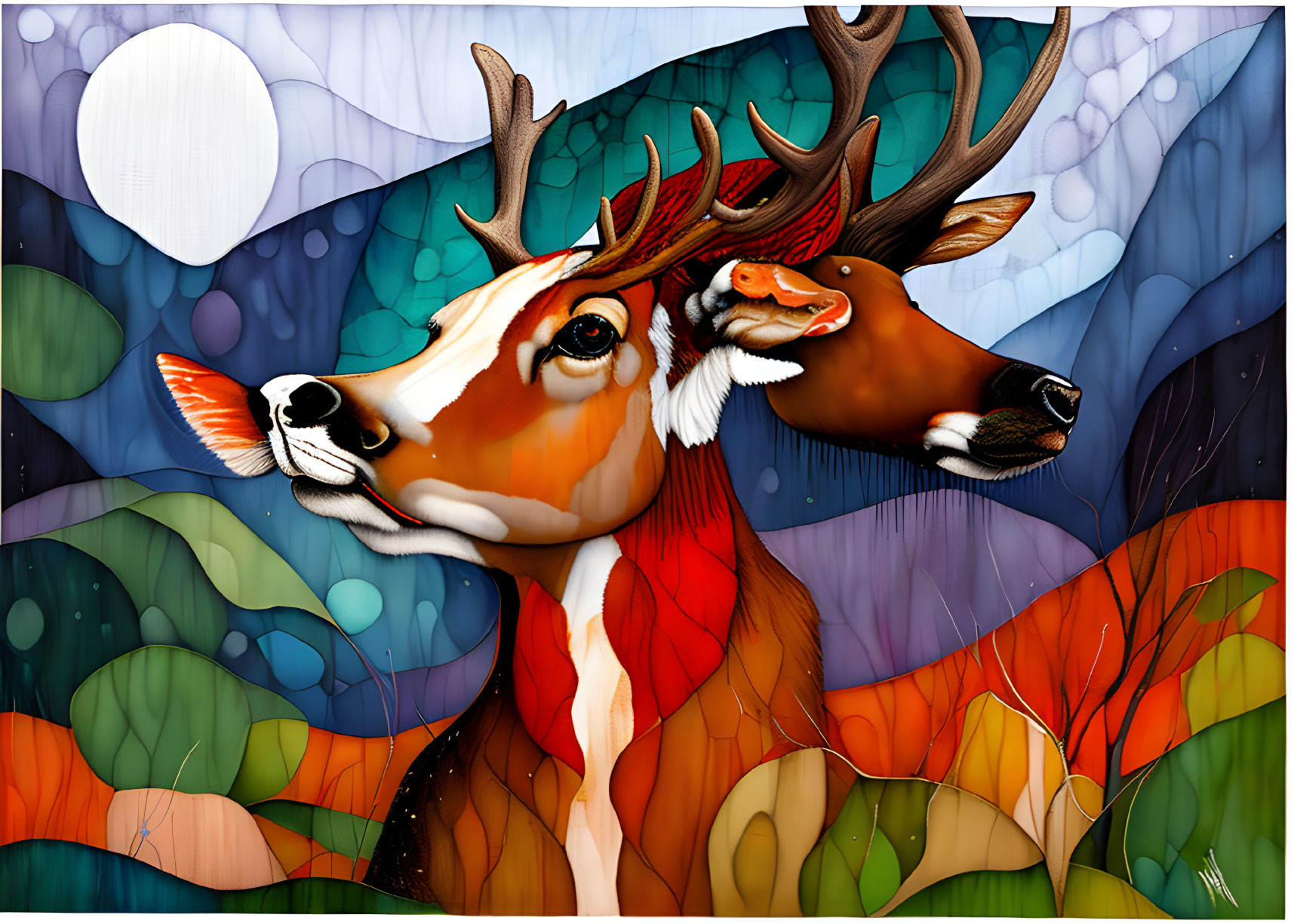 Vibrant Two-Headed Deer Art in Warm and Cold Tones