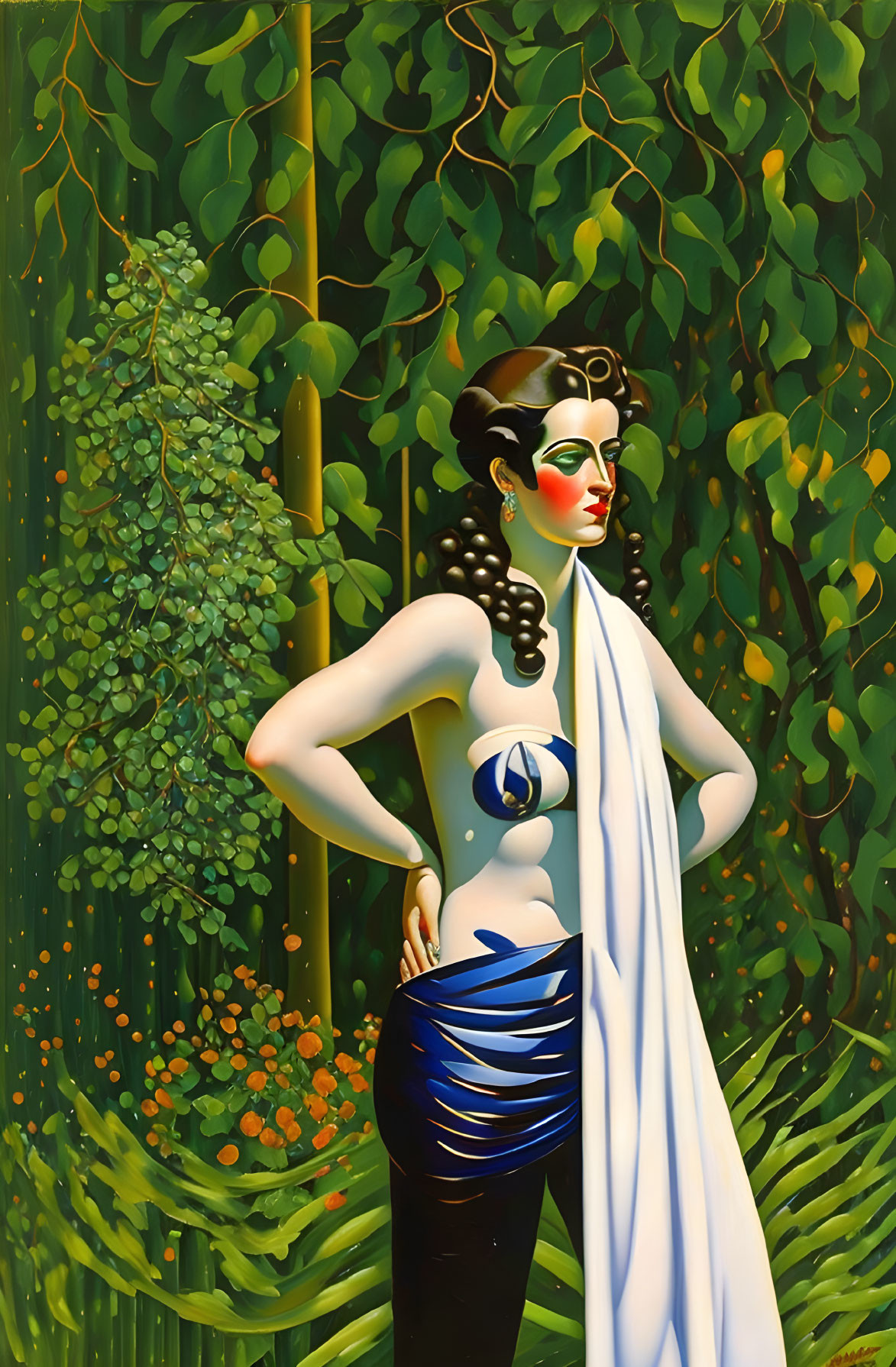 Stylized painting of woman in tropical forest with white cloth and blue skirt