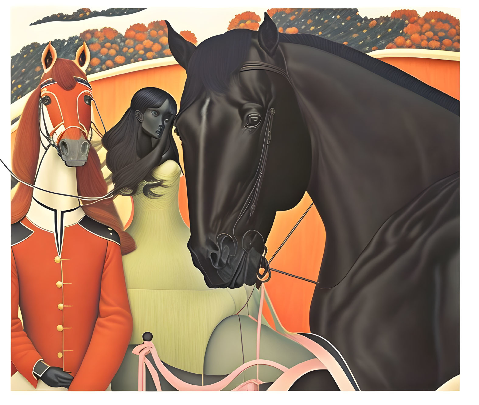 Surreal painting of human figures with horse heads in elegant attire