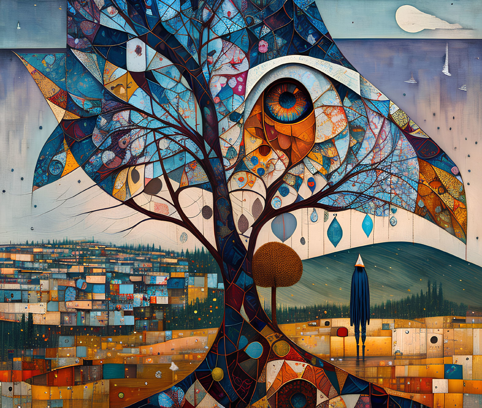 Vibrant surrealistic tree with eye, patterns, and geometric landscape