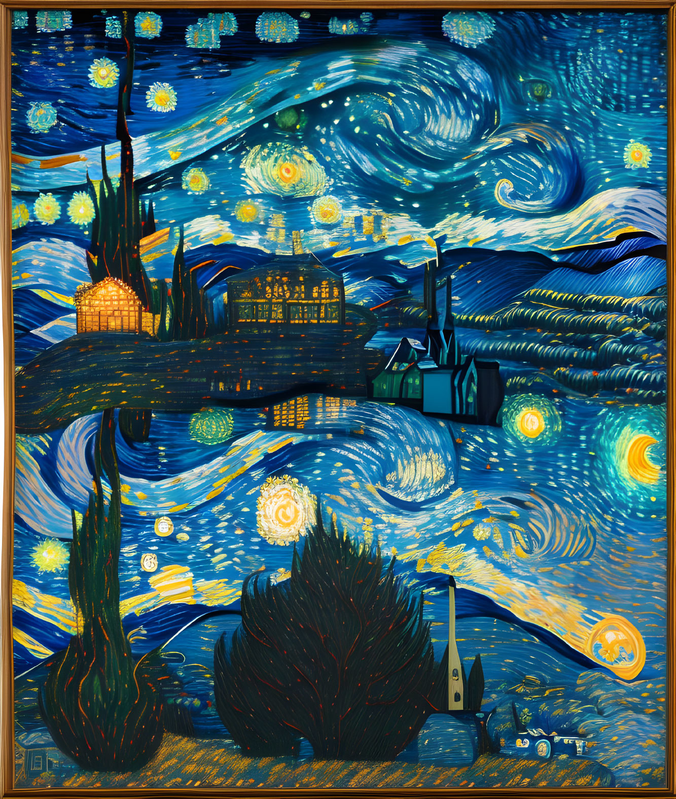 Night Scene Painting with Swirling Blue Sky and Crescent Moon