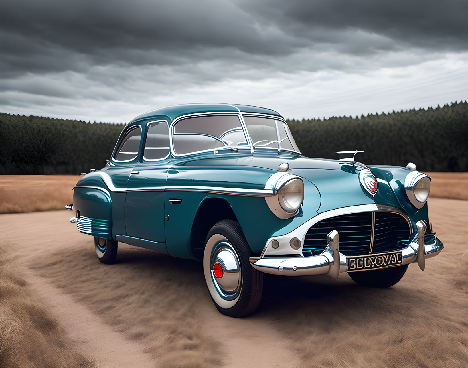 Classic Blue Car with Chrome Details and White-Wall Tires in Barren Landscape