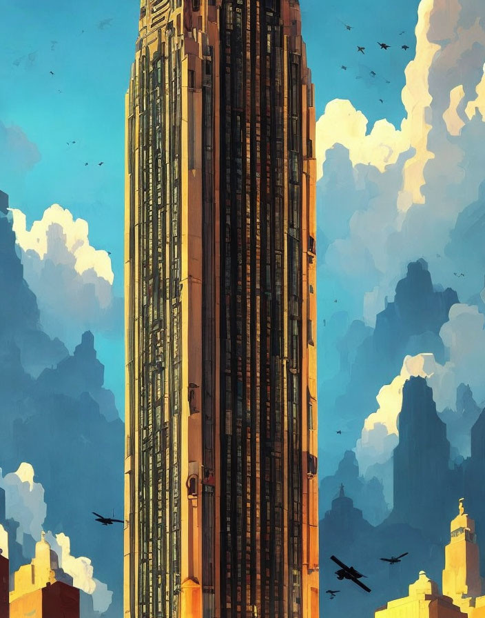 Skyscraper in sunlight with birds against blue skies