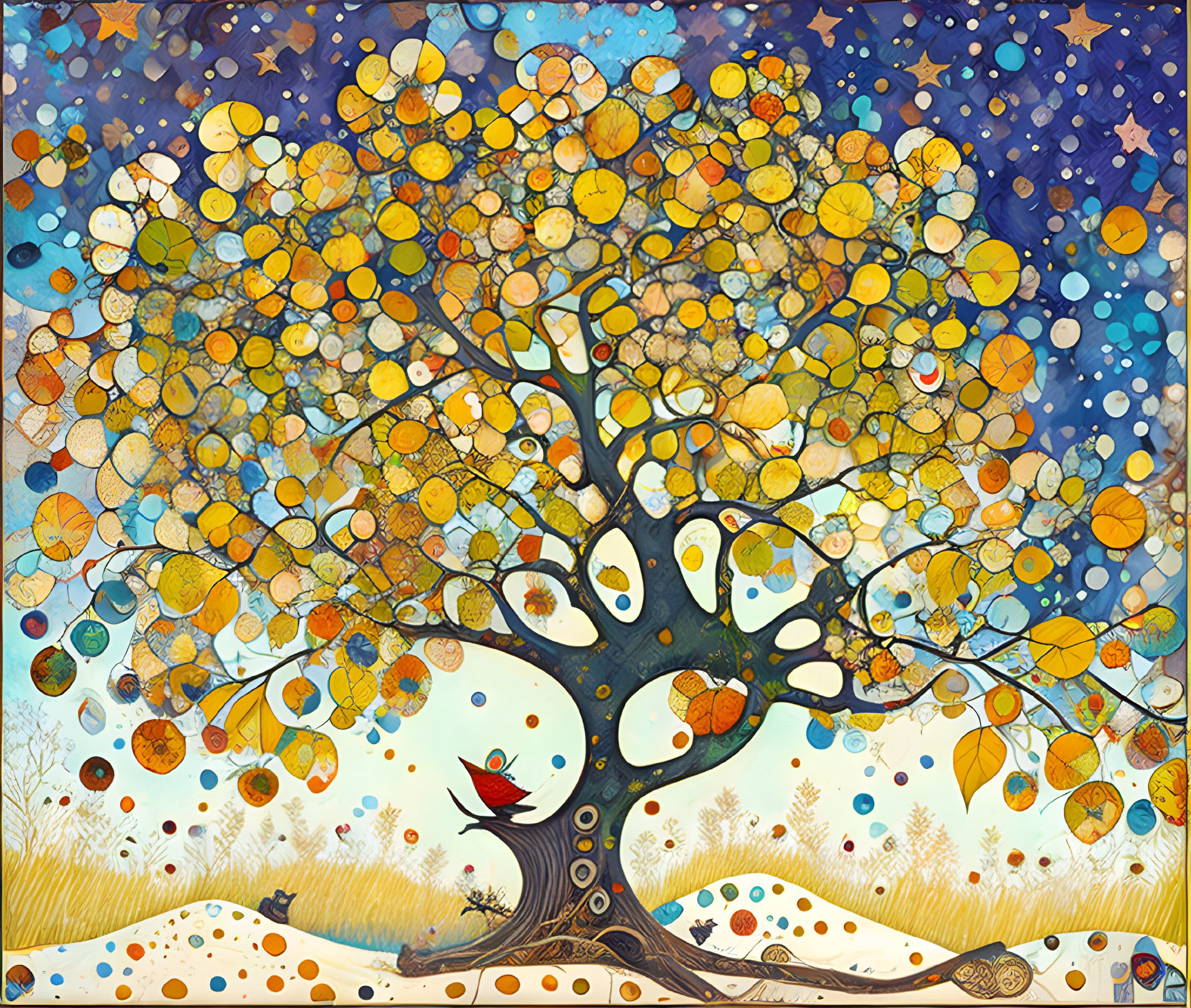 Colorful Tree Painting with Circular Leaves, Red Bird, and Starry Sky