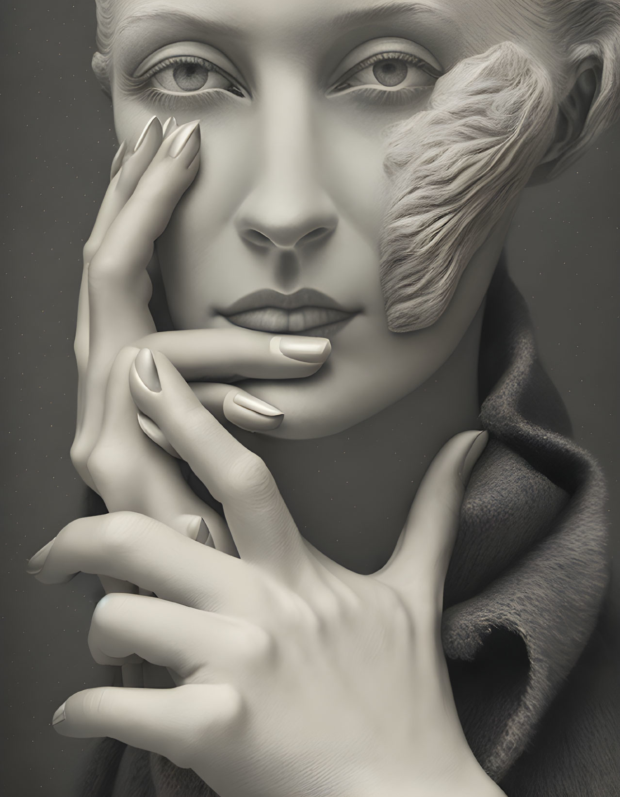 Monochromatic surreal portrait of woman with elongated fingers and feather-like details