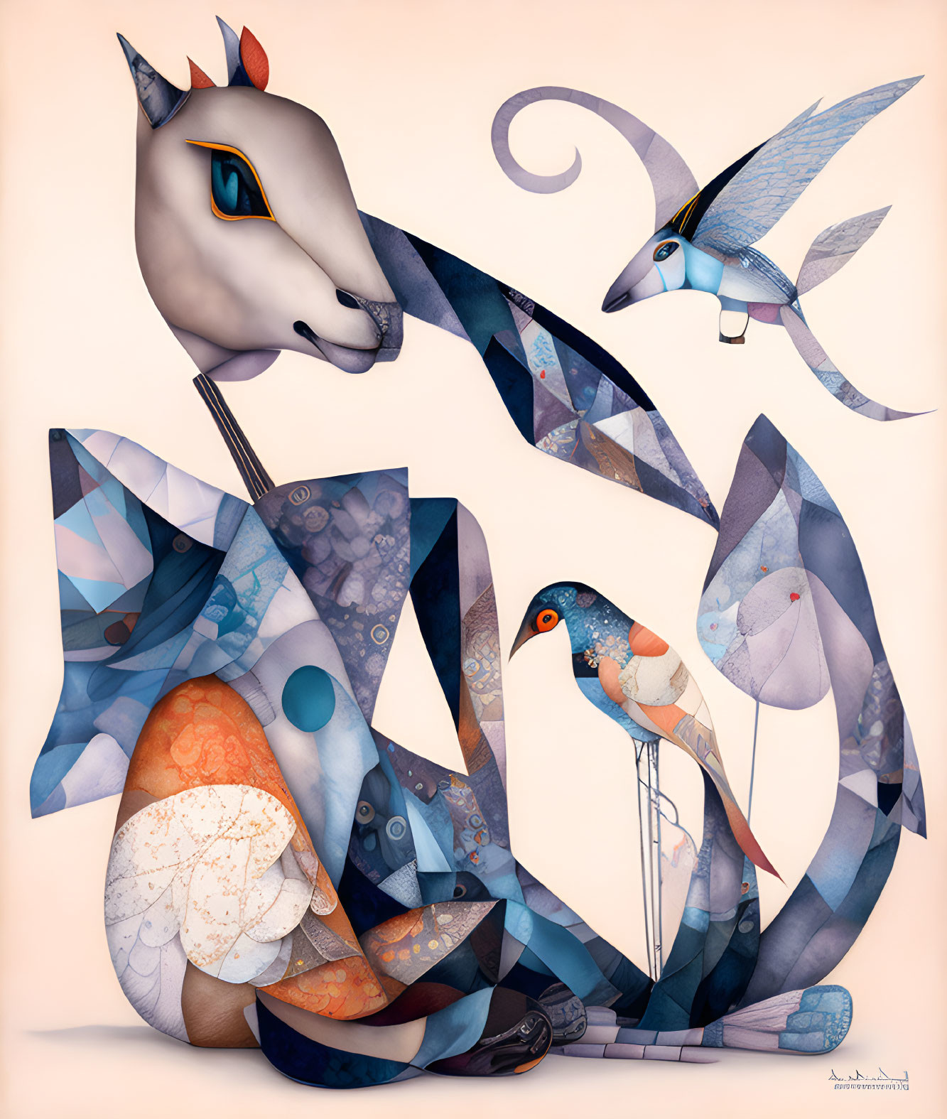 Surrealist artwork with stylized geometric animals in soft pastel colors