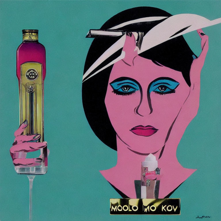 Pop Art Style Image of Woman with Blue Eye Makeup and Hand Holding Bottle