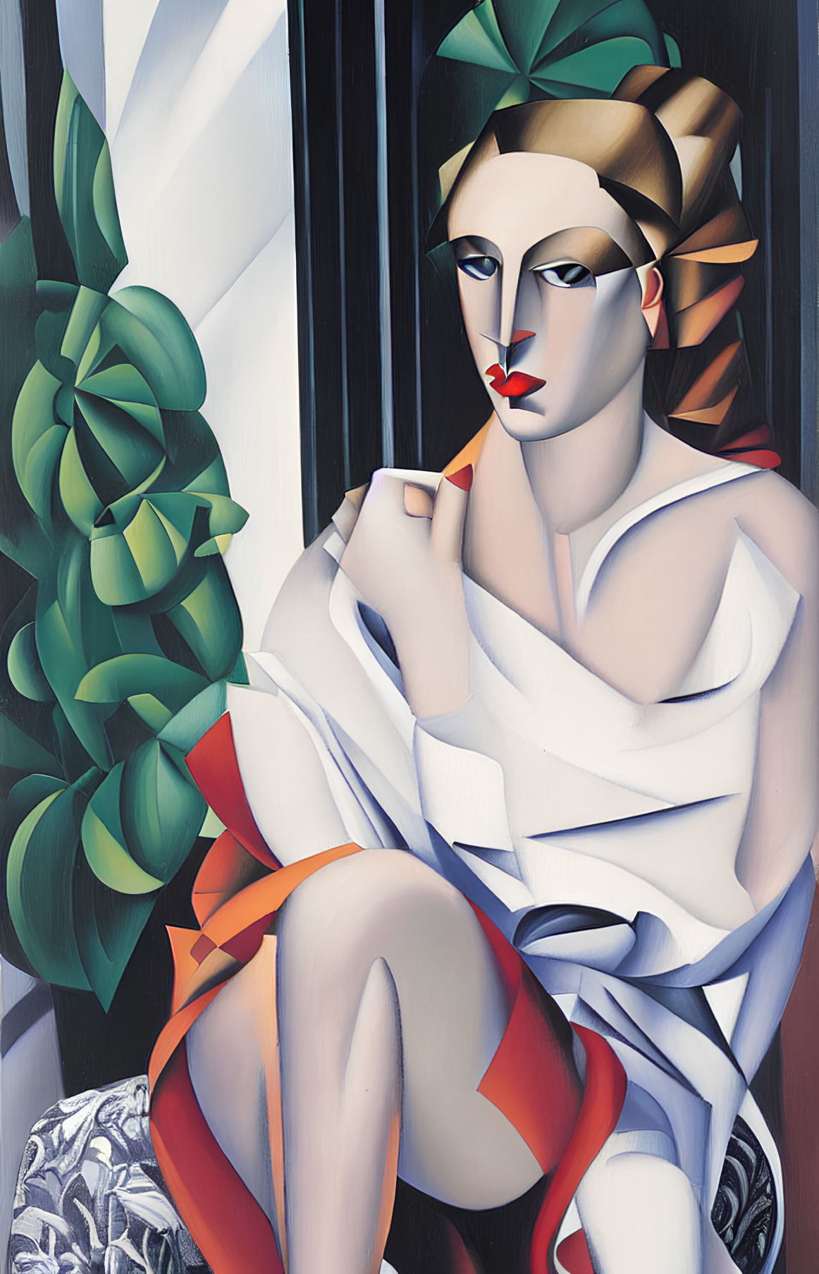 Cubist-style painting of seated woman in white garment beside green plant