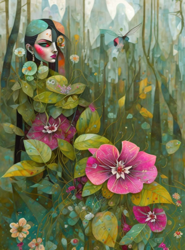 Vibrant floral and hummingbird elements in mystical forest portrait