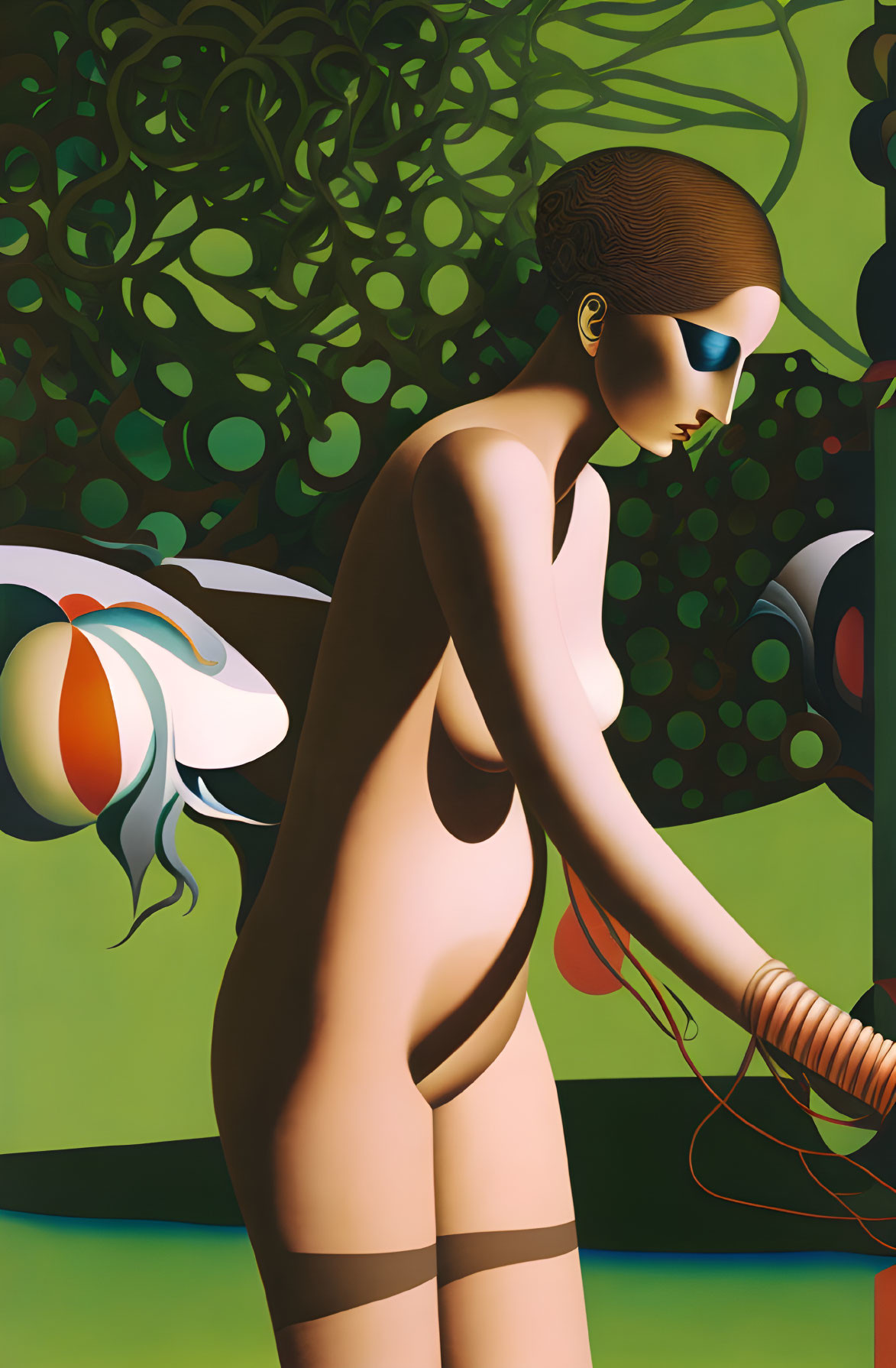 Stylized nude female figure with sunglasses against colorful abstract shape on leafy green backdrop