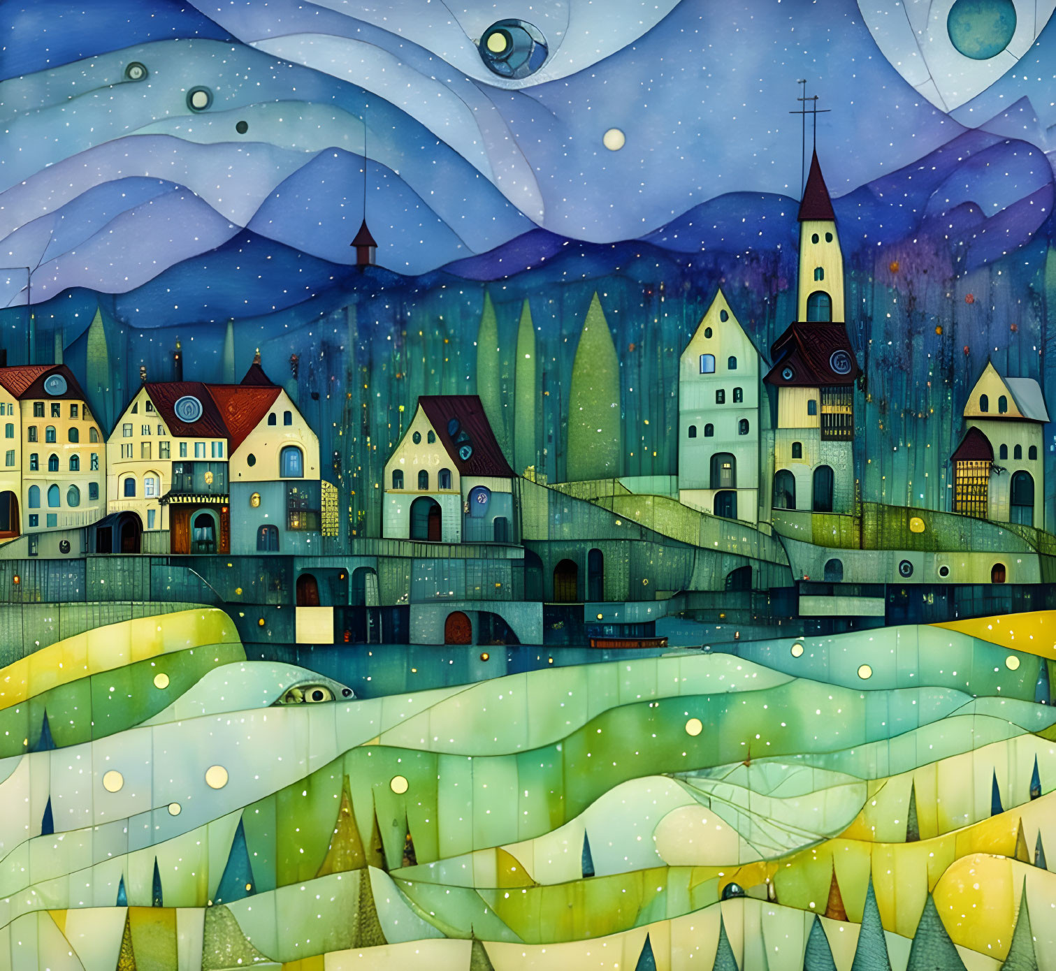 Colorful town illustration with rolling hills, church spire, bridge, and night sky