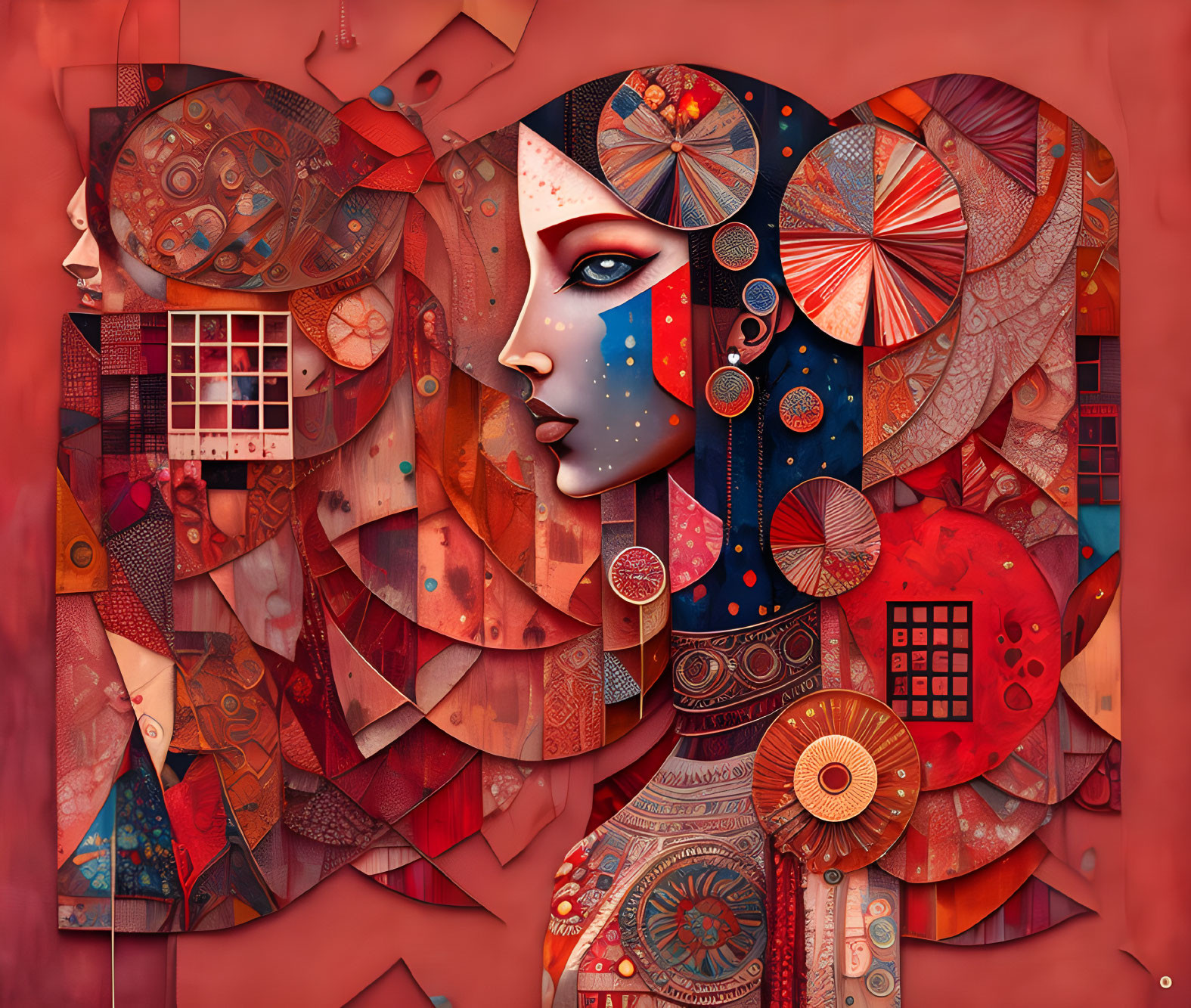 Abstract digital artwork of woman's profile with red textured shapes and blue dotted accents