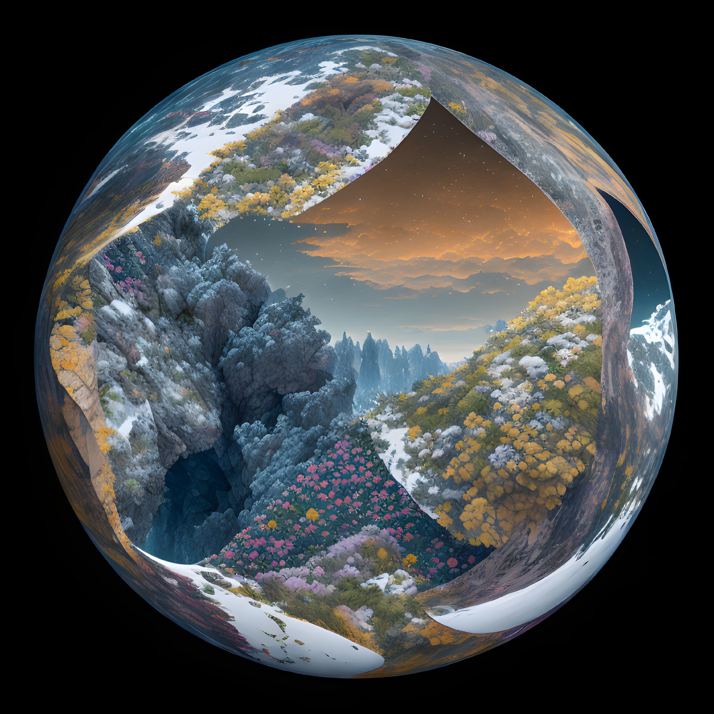 Spherical panorama showcasing snowy, autumnal, and blooming landscapes