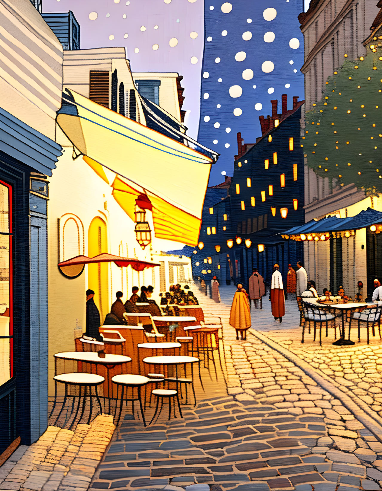 Illustration of quaint street at dusk with outdoor dining, glowing street lamps, cobblestone path.