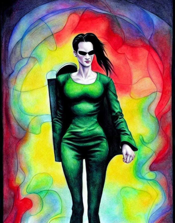 Colorful Illustration of Female Figure in Green Attire on Swirling Background