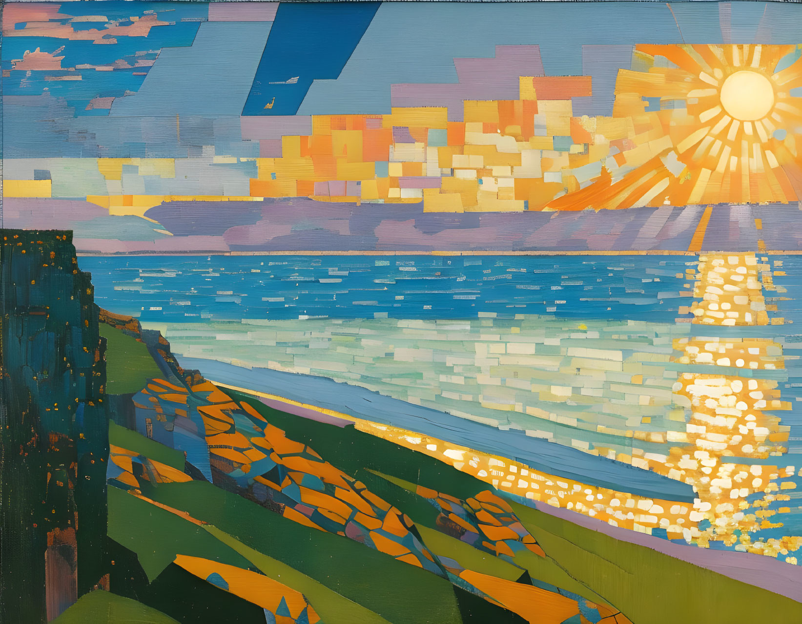 Colorful Cubist Coastal Landscape with Sun, Sea, and Cliffs