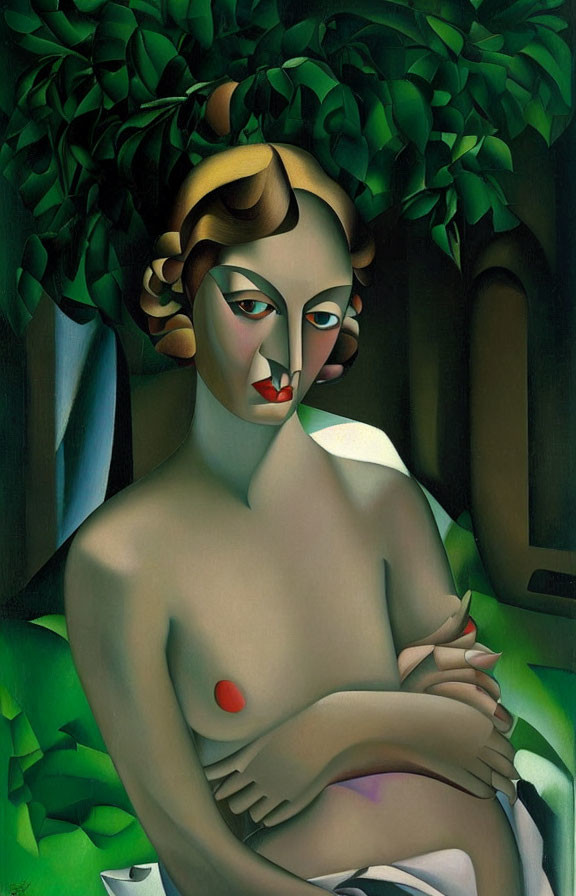 Cubist-style painting of woman with multicolored face and green foliage background