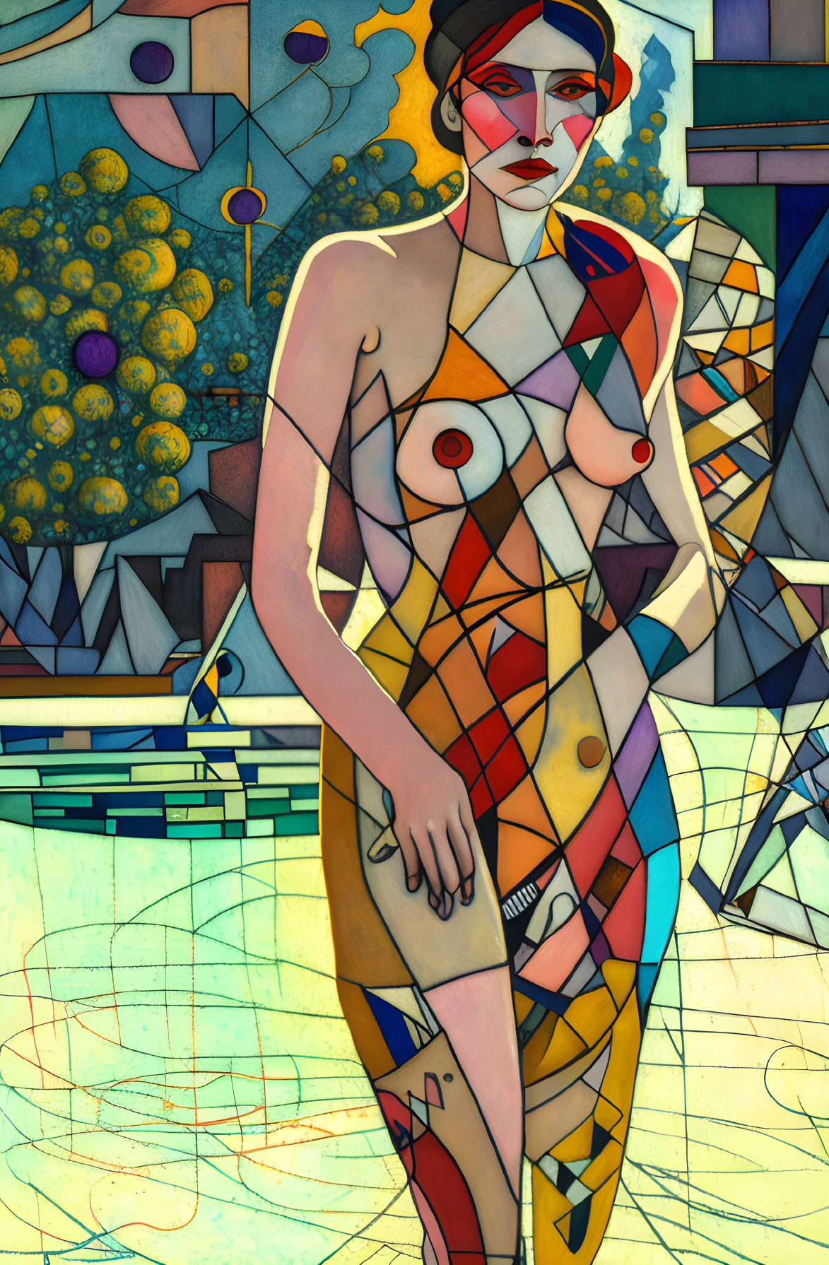 Vibrant Cubist-style painting of abstract female figure in geometric patterns