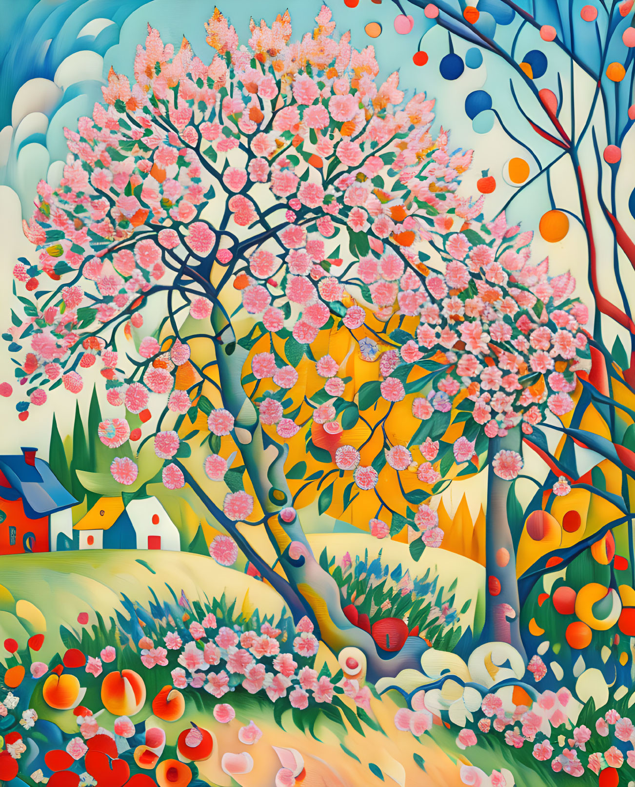 Colorful painting of blooming tree, pink flowers, round fruits, whimsical blue trees, styl