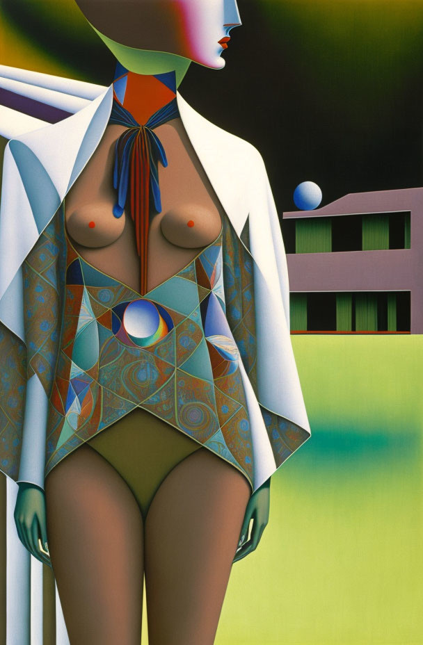 Surreal illustration of stylized figure in open white coat against abstract landscape