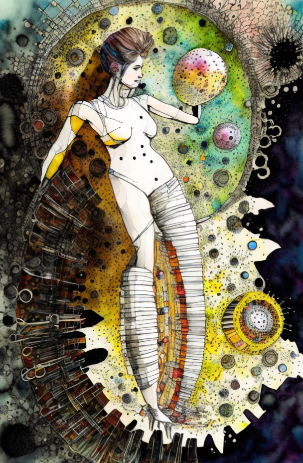 Vibrant surreal illustration of woman with celestial orb amid cosmic elements