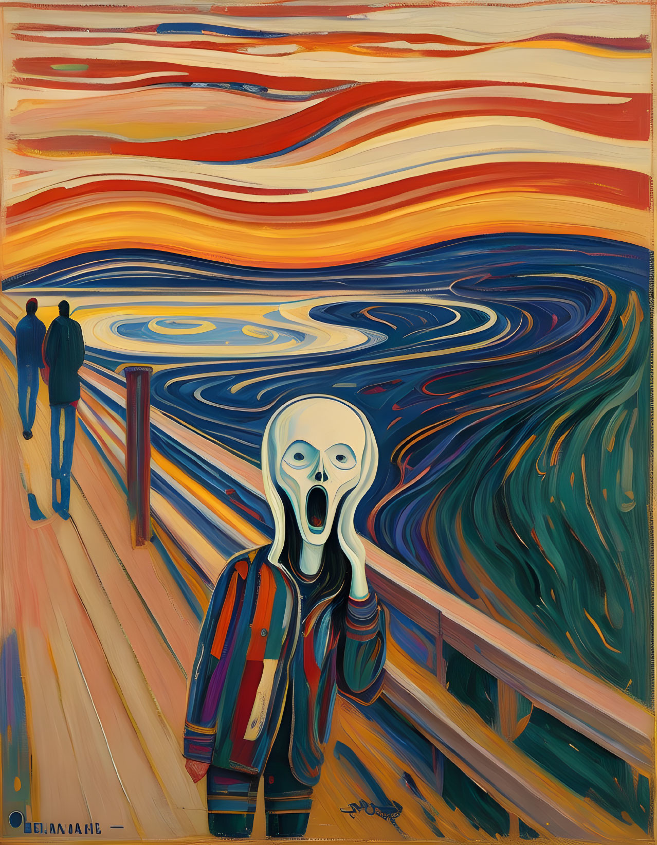 Surreal painting merging "The Scream" with "Starry Night" style