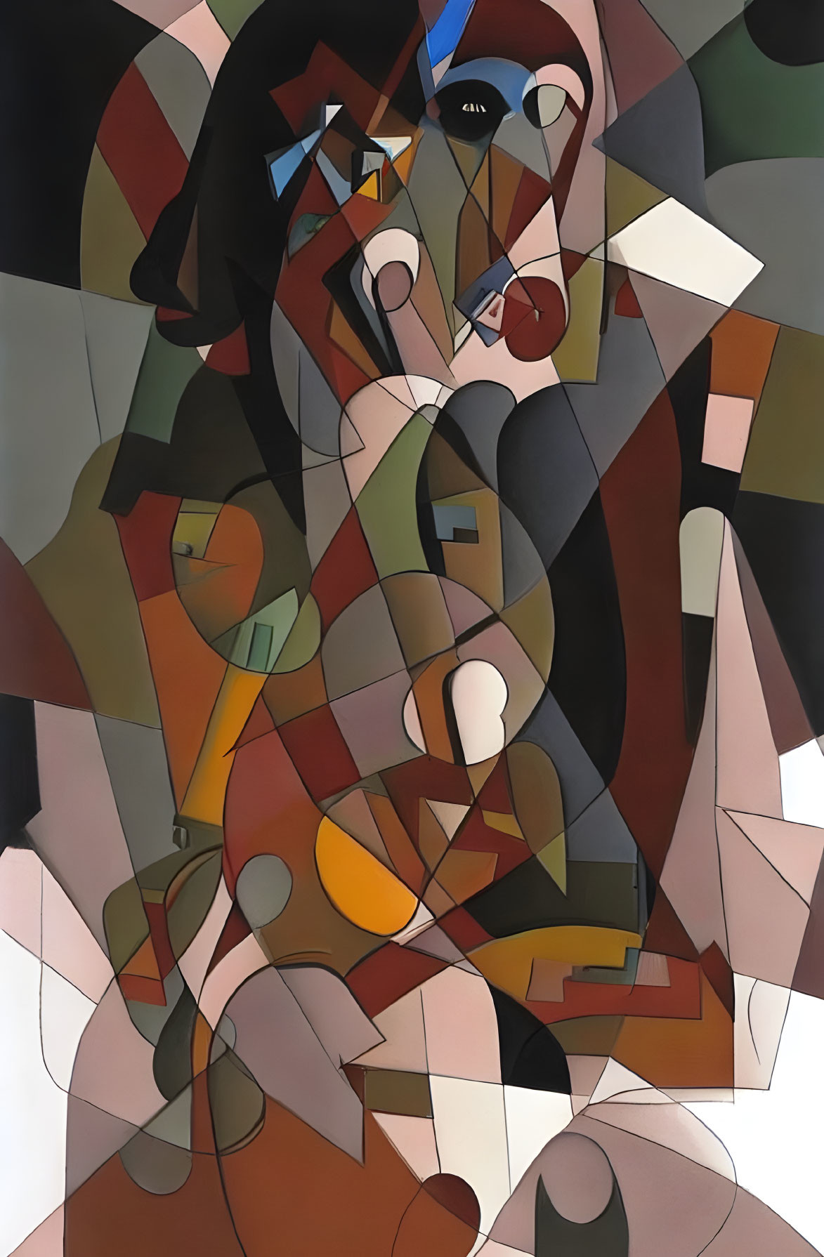 Interlocking shapes and colors in fragmented cubist painting