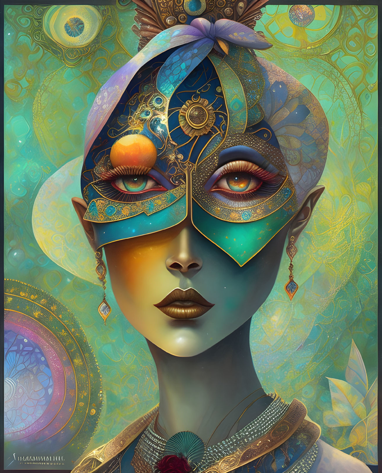 Colorful digital artwork: Woman adorned with ornate jewelry in mystical setting