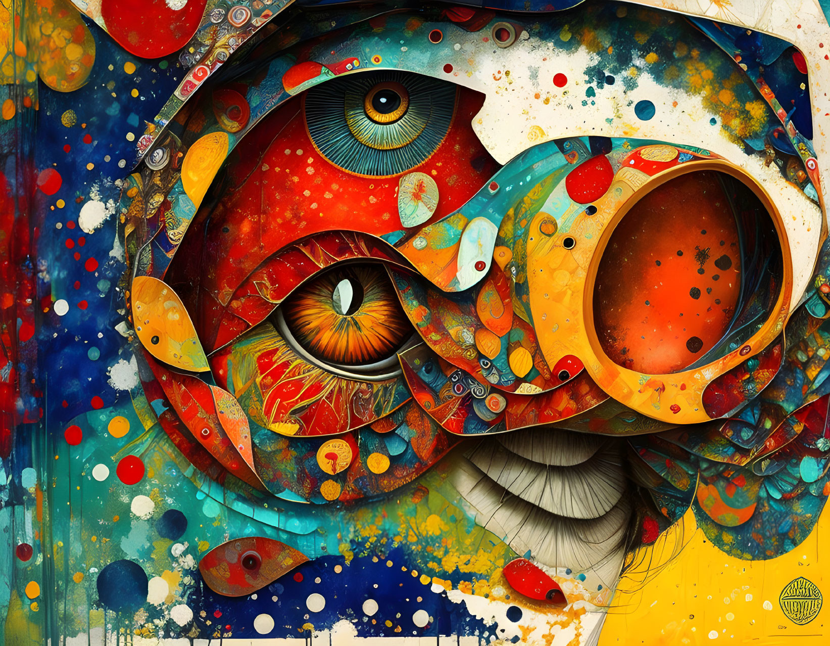 Vivid abstract artwork with surreal eyes and fluid shapes