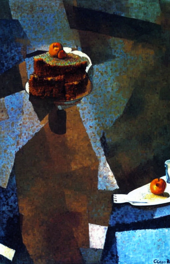 Cubist-style still life painting with slice of cake, fruits, abstract shapes