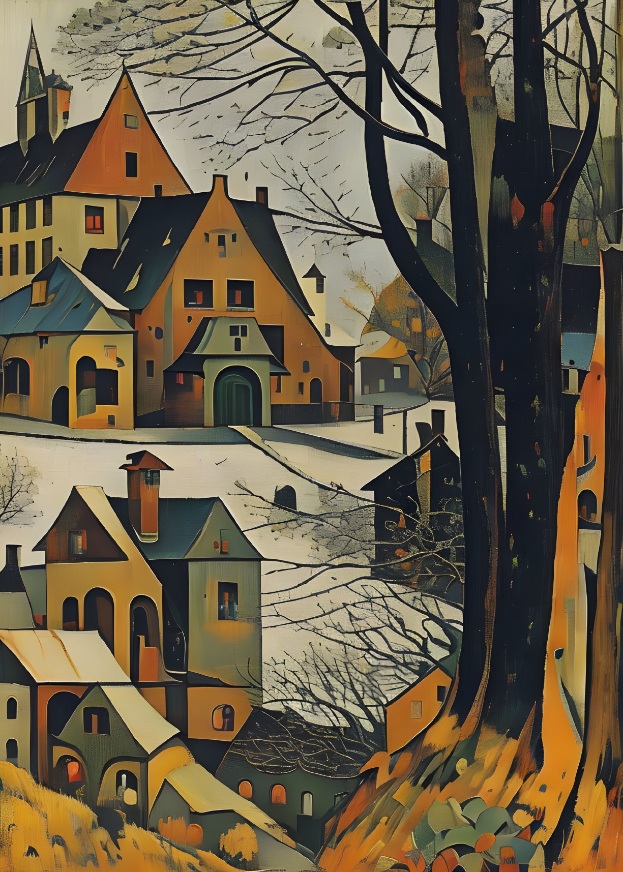 Stylized painting of quaint village with snow-covered roofs