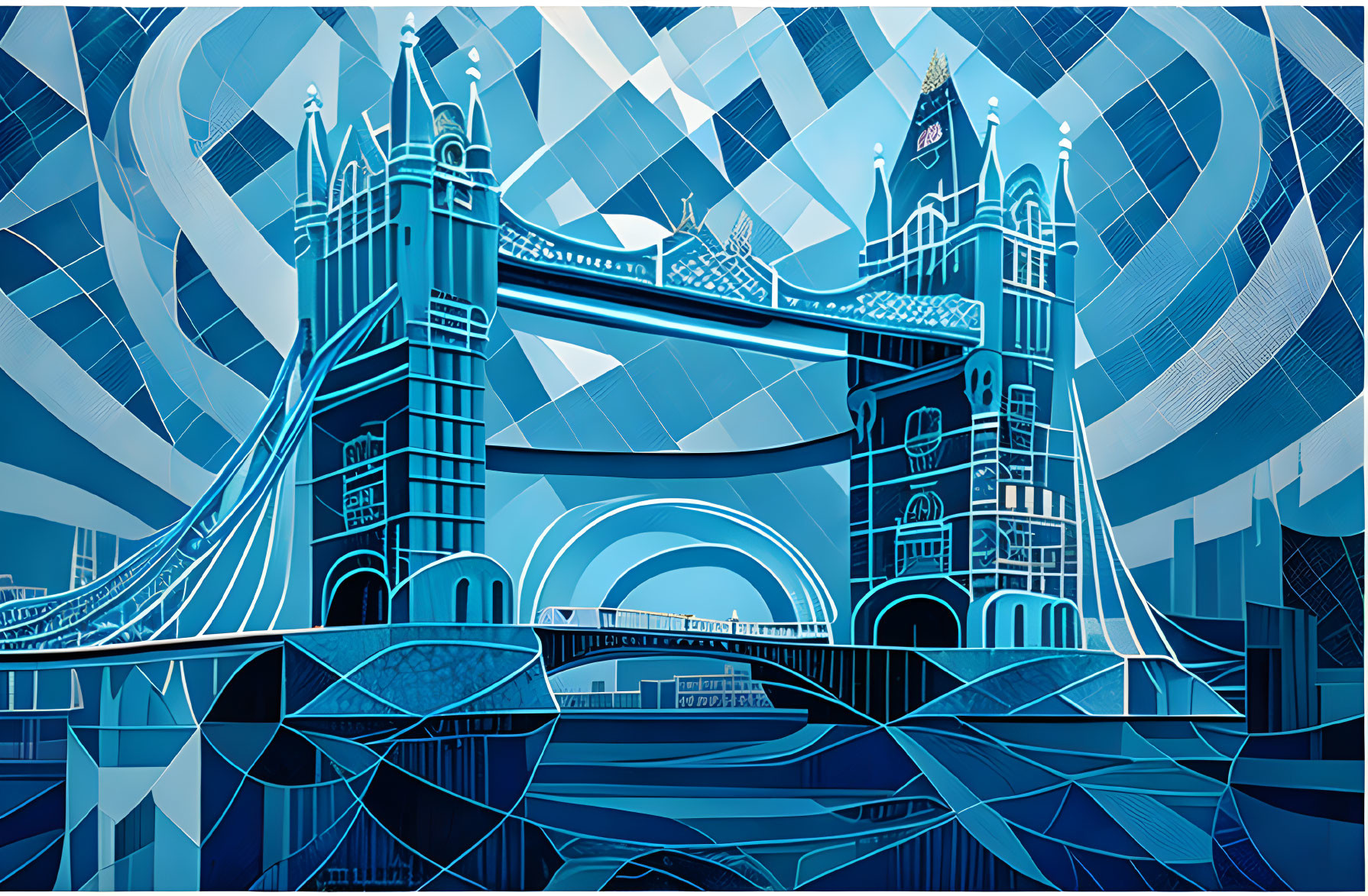 London's Tower Bridge: Stylized Blue-Toned Illustration