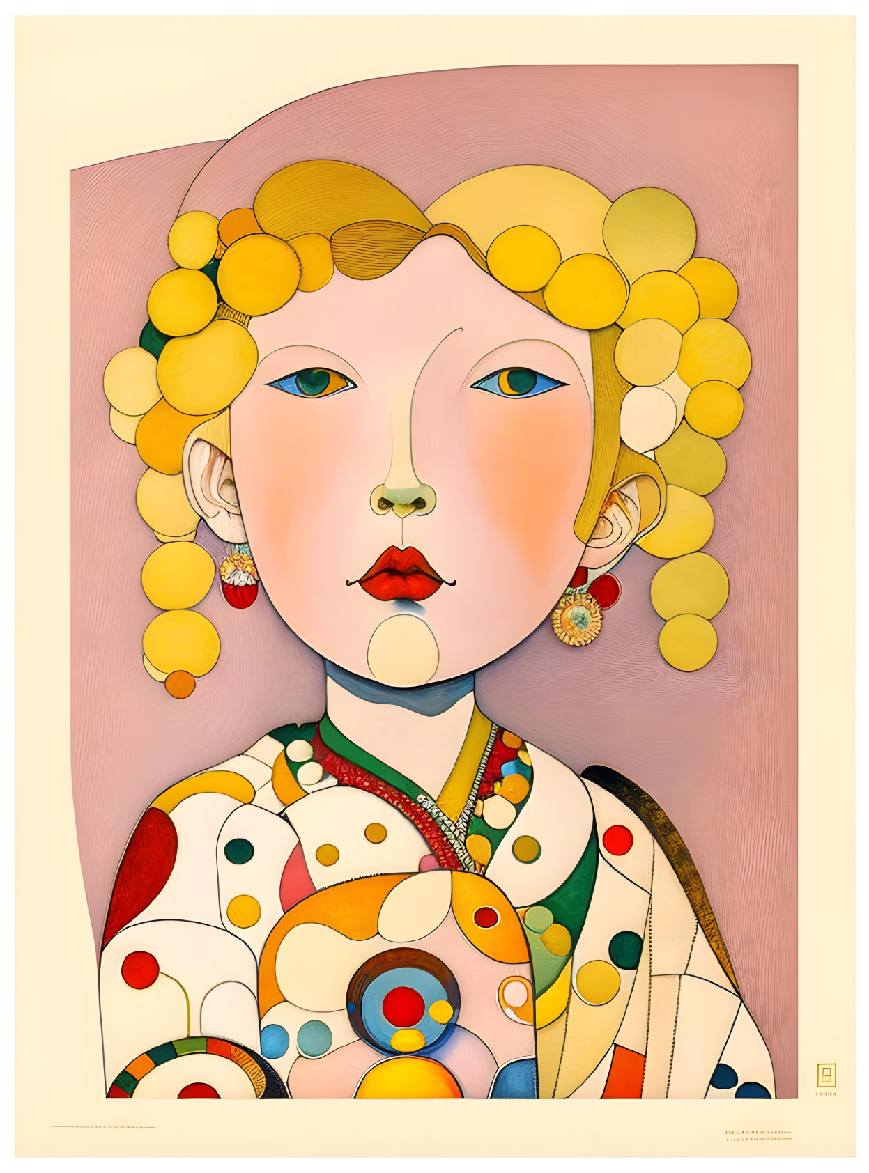 Stylized portrait with yellow hair, circular earrings, patterned garment, and abstract design