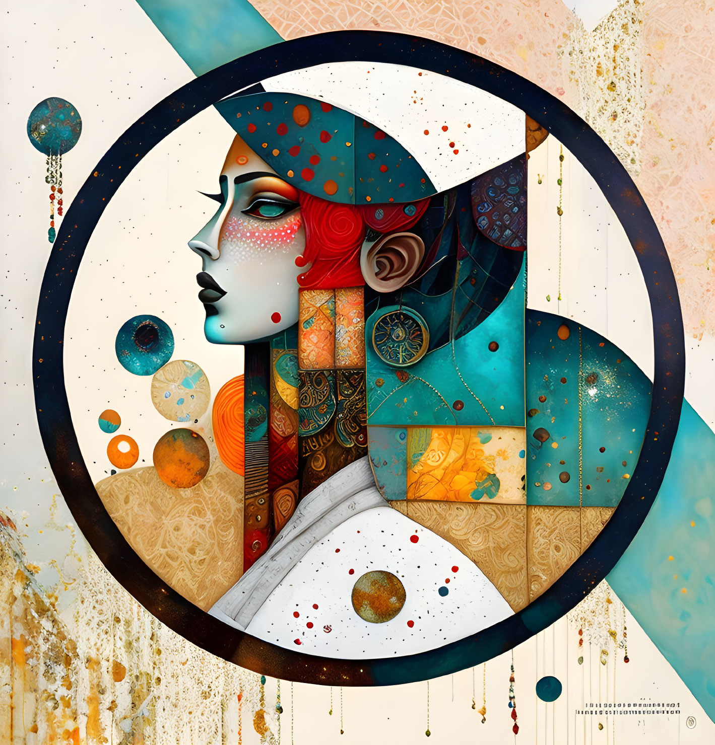 Colorful Stylized Woman Profile in Circular Frame with Abstract Patterns and Celestial Motifs